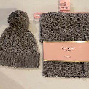Kate Spade New York Heather Gray, Cable Knit, Pom Beanie and Muffler set